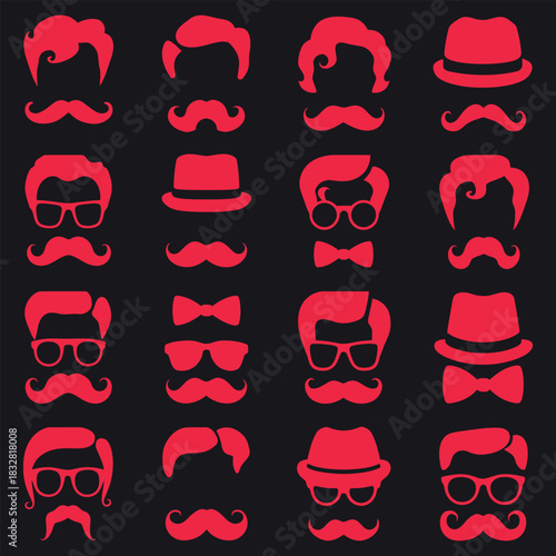 Vintage Gentleman Icon Set, Moustache, Hair, Hat, Glasses and Bow tie Vector Collection