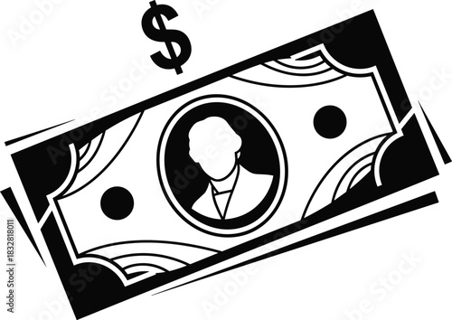 Stylized currency note illustration, dollar symbol and silhouette, black and white financial graphic, economic concept vector design
