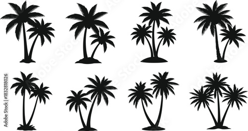 Set of eight black silhouette palm tree icons for tropical design element