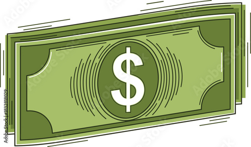 Stylized moving stack of dollar bills, green currency illustration, financial transaction graphic, money transfer vector, economic concept design