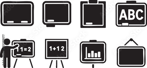 Set of eight black and white vector icons depicting chalkboards and educational concepts blackboard