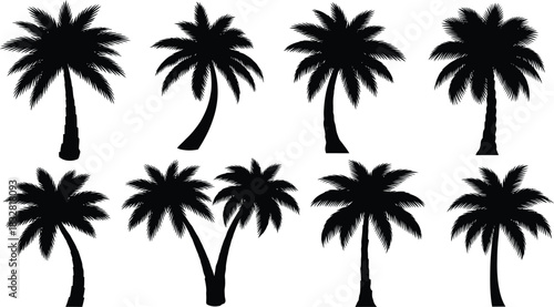 Collection of eight black silhouette palm tree icons in various shapes and styles