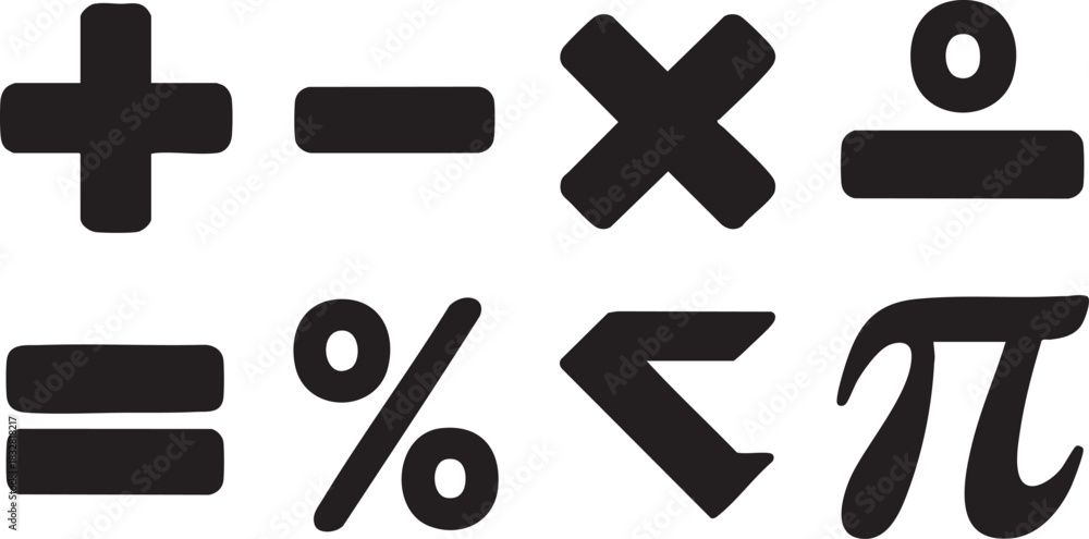 Obraz premium Set of eight solid black mathematical symbols and signs on white background plus minus