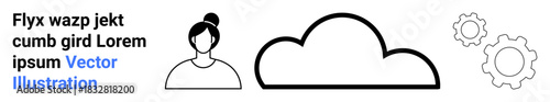 Cloud computing, data processing, user interface, technology integration, digital systems, software solutions. Person outline with a cloud and gear icons. Cloud computing and data processing concept