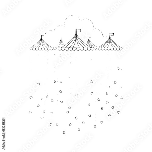 Circus tents drawing with flags and confetti vector illustration for party and event decoration use