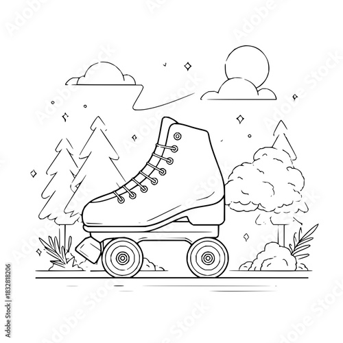 Roller skate coloring page for kids and adults with outdoor scene for fun and creative activity