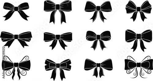 Collection of twelve black ribbon bows with various styles and designs on a white background