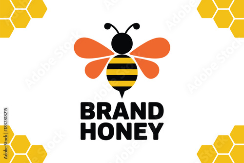 A stylized bee logo with the words BRAND HONEY below it, surrounded by honeycomb shapes.