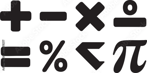 Set of eight solid black mathematical symbols and signs on white background plus minus