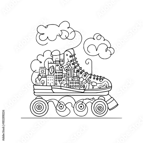 Creative line art illustration of roller skate shoe with city buildings and clouds design vector drawing