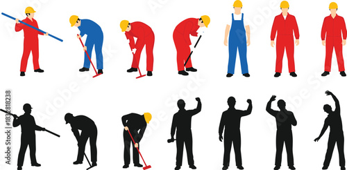 Construction workers in red and blue uniforms and yellow hard hats performing various tasks and silhouettes exercising