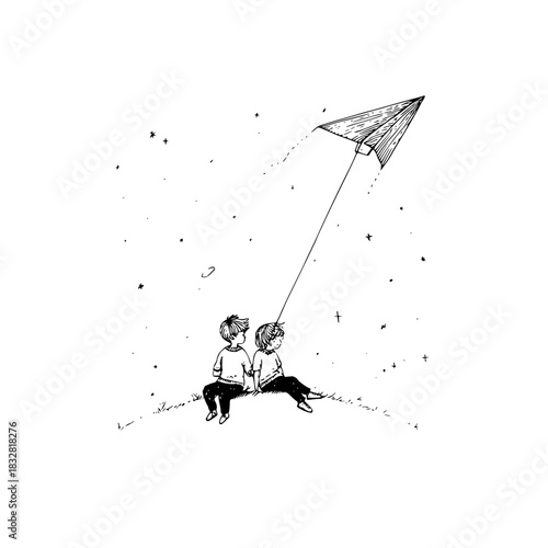 Illustration of two boys flying a paper airplane at night under the stars in black and white line art