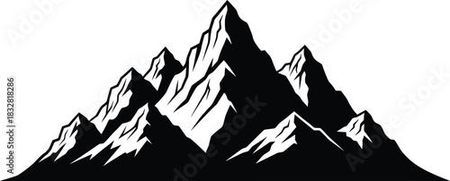 Black and white stylized graphic silhouette of a jagged mountain range peak