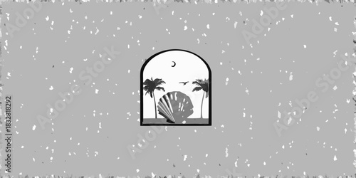 Monochrome coastal scene with shell palms bird and moon in arch