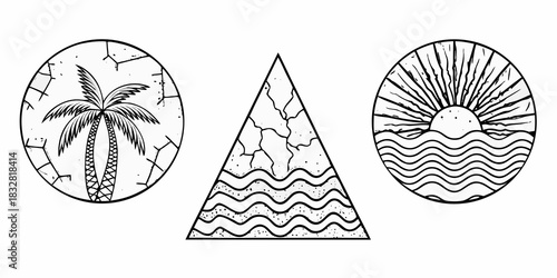 Minimalist beach and desert landscape set in circle and triangle shapes