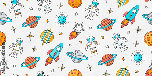 Seamless pattern with astronauts rockets planets and stars on white background