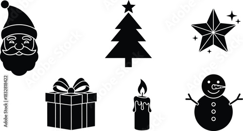 Collection of black and white christmas holiday icons including santa claus tree star gift and snowman