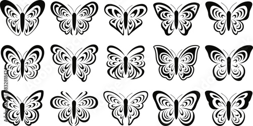 Tribal Butterfly Icons Set, Decorative Black Silhouette Collection, vector illustration
