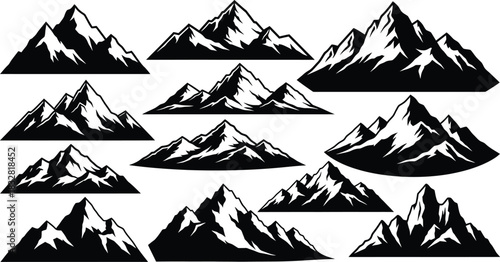Collection of stylized black and white mountain range silhouettes for design