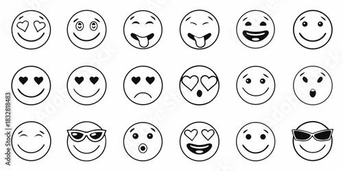 Set of black and white emoticons with different facial expressions