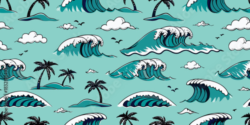 Seamless pattern with ocean waves palm trees and clouds on a turquoise background
