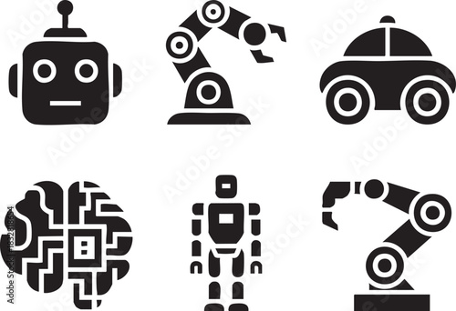 Set of six distinct solid black vector icons depicting robots and artificial intelligence brain