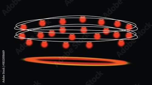 Abstract Atomic Structure with Glowing Red Orbits and Particles on Black science physics