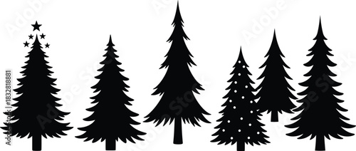 Set of six black silhouette evergreen tree icons with various shapes and one decorated for christmas