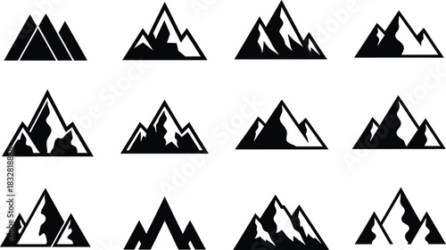 Collection of twelve black and white mountain range icons and symbols in various stylized shapes