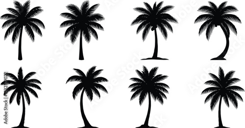 Set of eight different black silhouette palm tree icons for tropical design element