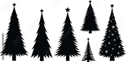 Set of six black silhouette christmas tree icons with star topper