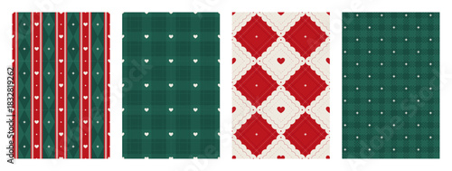 Set of Christmas seamless pattern. Plaid repeating print for wrapping paper, fabric and textile. Red and green xmas backgrounds with heart and star. Diamond shaped texture pattern. Vector illustration