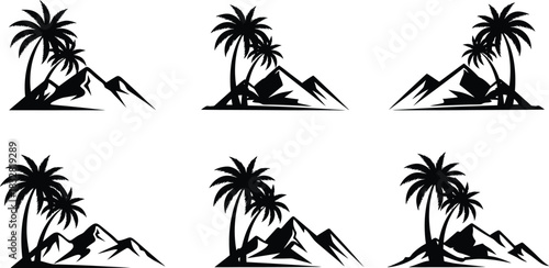 Set of six black silhouette icons featuring palm trees and mountain landscape elements