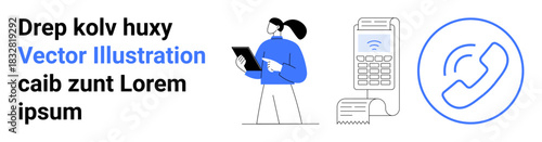 E-commerce, mobile payment, customer service, technology, communication, online transactions. Person holding tablet near payment terminal with receipt and phone icon. E-commerce and mobile payment