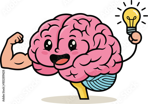 Brain character flexing muscles while holding a bright idea in the form of a lightbulb moment