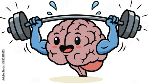 Cartoon brain lifting heavy weights with strong muscular arms in a healthy fitness concept