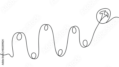 Abstract single line drawing of a thrilling roller coaster track with loops and a car at the top