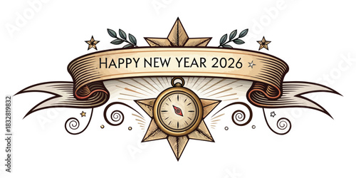 Happy New Year 2026 banner with compass and stars Keywords: happy new year, 2026, banner, ribbon