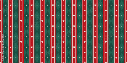 Christmas seamless background with dark green argyle pattern and red stripes. Repeating print for wrapping paper, fabric and textile. Diamond shaped wallpaper with heart and star. Vector illustration