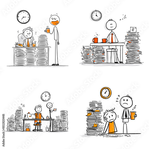 Cartoon stickman office stress illustration showing employees overwhelmed by paperwork while colleagues interact representing workload stress efficiency and support.