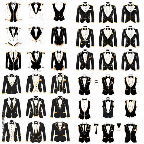 Elegant tuxedo and uniform collection illustration featuring stylish black and white suits formal wear jackets bow ties and accessories for luxury fashion event hospitality or ceremony design.