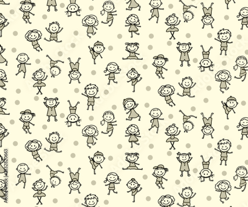 cute kids stick figure set happy children doodle seamless pattern