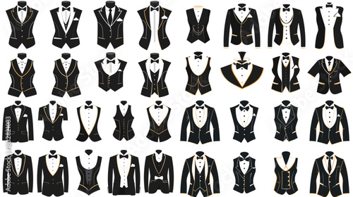 Elegant collection of male formal suits and tuxedos displayed in multiple styles. Stylish outfit set for weddings, business events, ceremonies, and fashion design concepts.