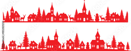 Christmas Landscape with Red Holiday Banner, Border and Background