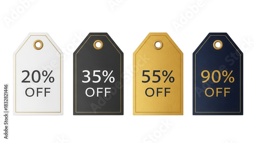 Four discount tags with varying percentages isolated on transparent background