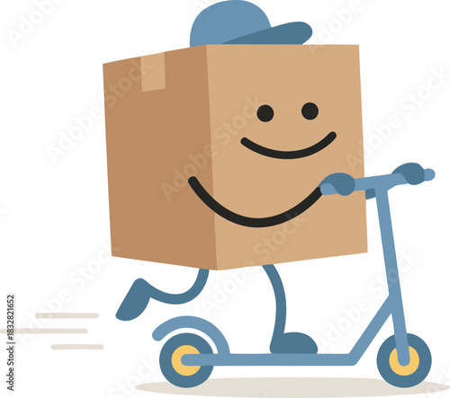 Happy box character rides a scooter for fast delivery offering efficient service and punctual shipping