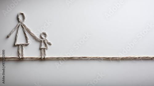 Mother and child figures made of rope on a white background. This image depicts a mother and child holding hands, crafted from natural rope against a clean backdrop