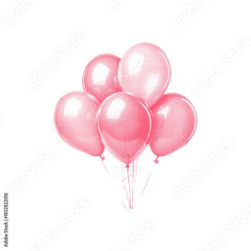 Pink glossy balloons in a halftone dotted style on a white background. Minimalist festive illustration for celebration, birthday, party decor, and modern graphic design.