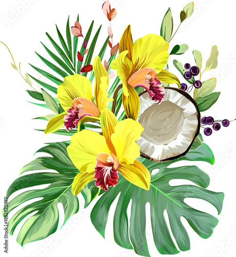 A bouquet of tropical flowers. Summer bouquet. Exotic, tropical, Hawaiian, vibrant.