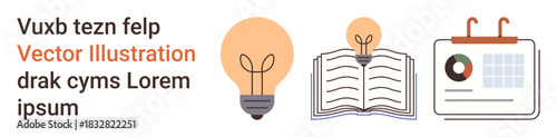 Business strategy, education, creativity, analytics, planning, innovation. Light bulb, open book and a calendar with graphs. Creativity and education concept with focus on analytics and planning